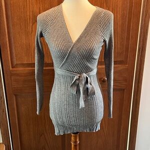 Gray Ribbed Wrap Sweater